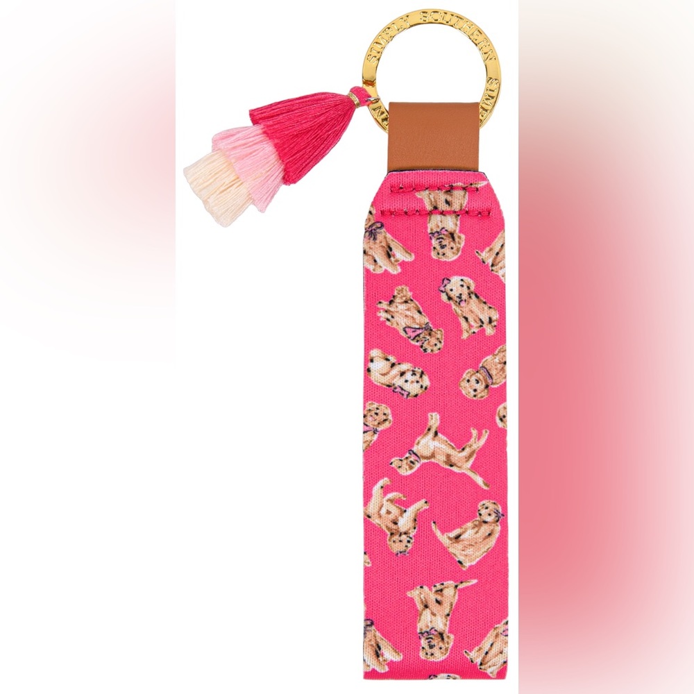 NWT Simply Southern pink with dog puppy print key fob with tassels